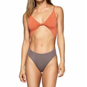 KikiRio Small New Freda Knot Monokini Cut Out Two Tone High Cut Leg Swimsuit S